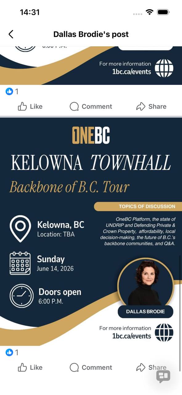 OneBC Backbone of B.C. Tour Kelowna townhall poster