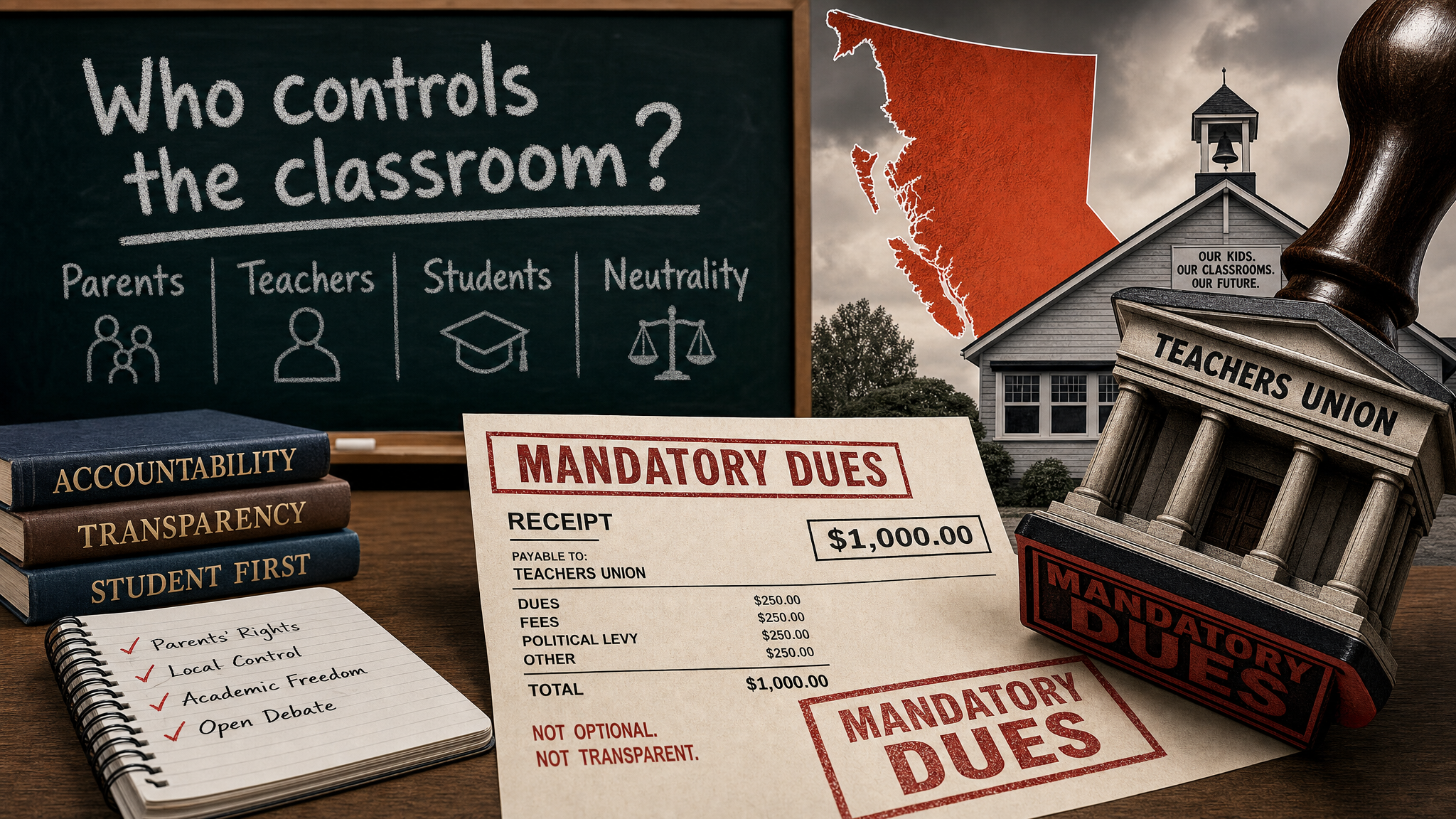 Editorial illustration about BCTF mandatory dues, classroom neutrality, parents, teachers and BC schools