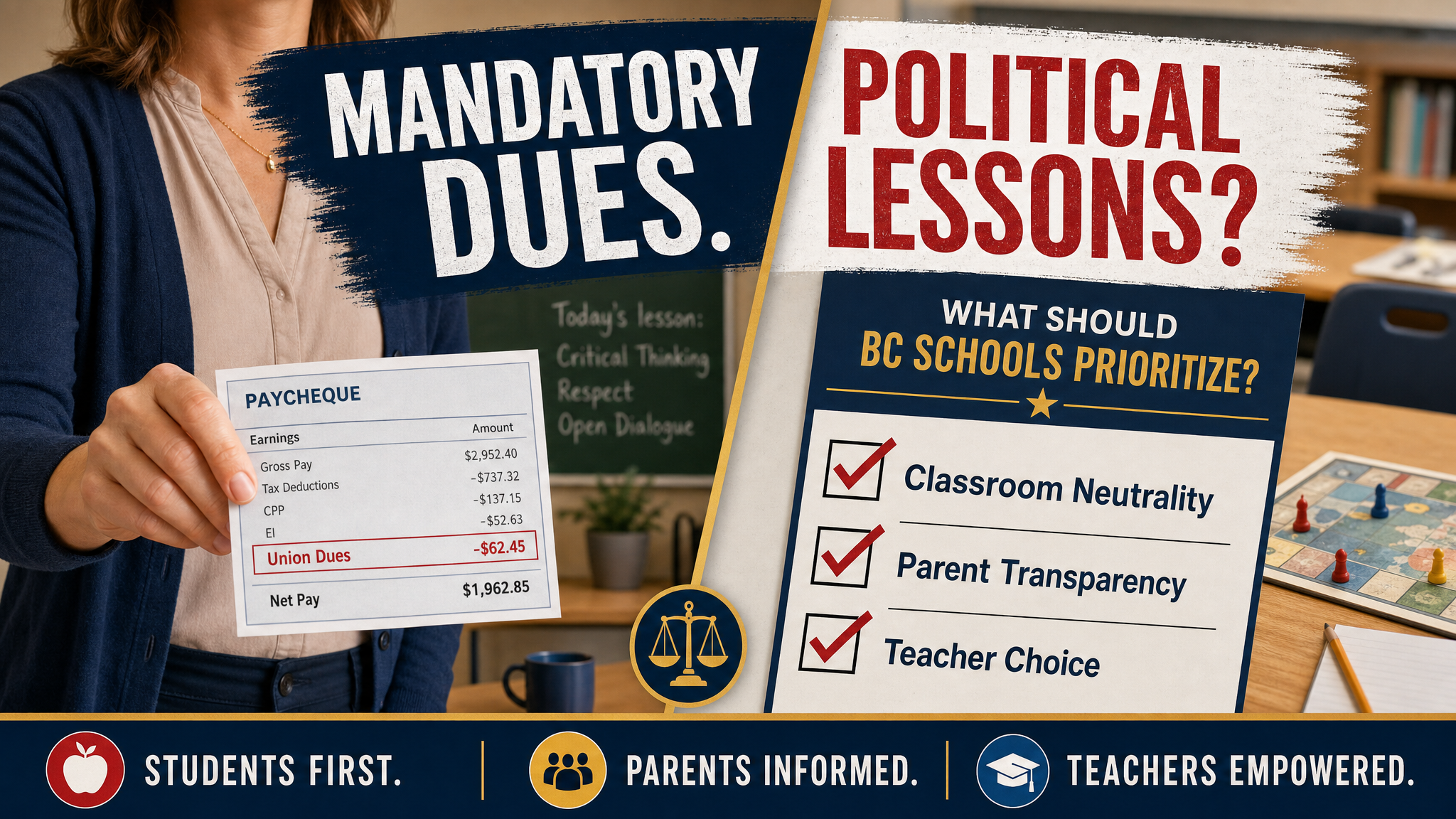 Social graphic reading Mandatory Dues. Political Lessons? with teacher choice and classroom neutrality themes