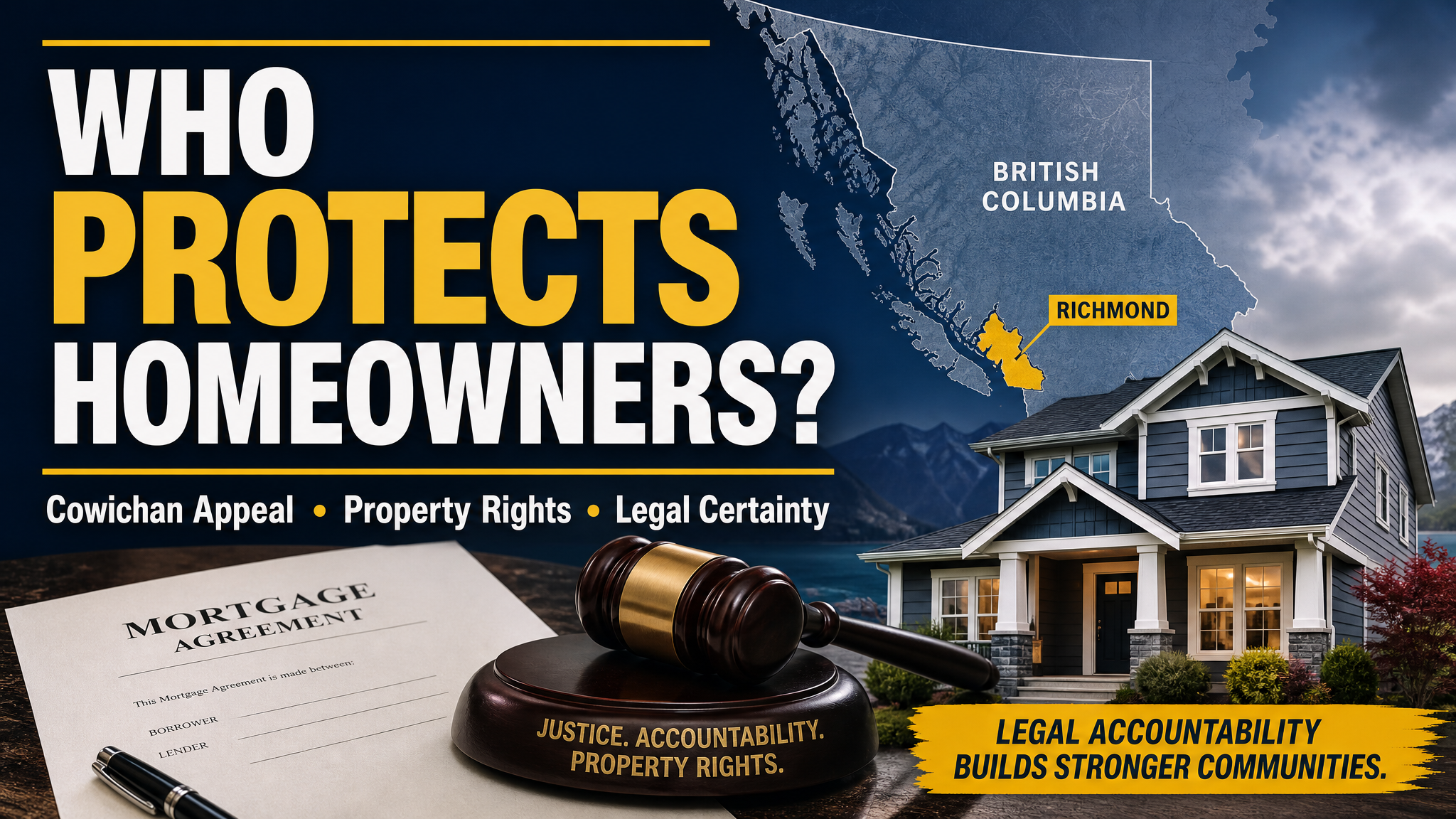 Social graphic asking who protects homeowners in the Cowichan property rights appeal