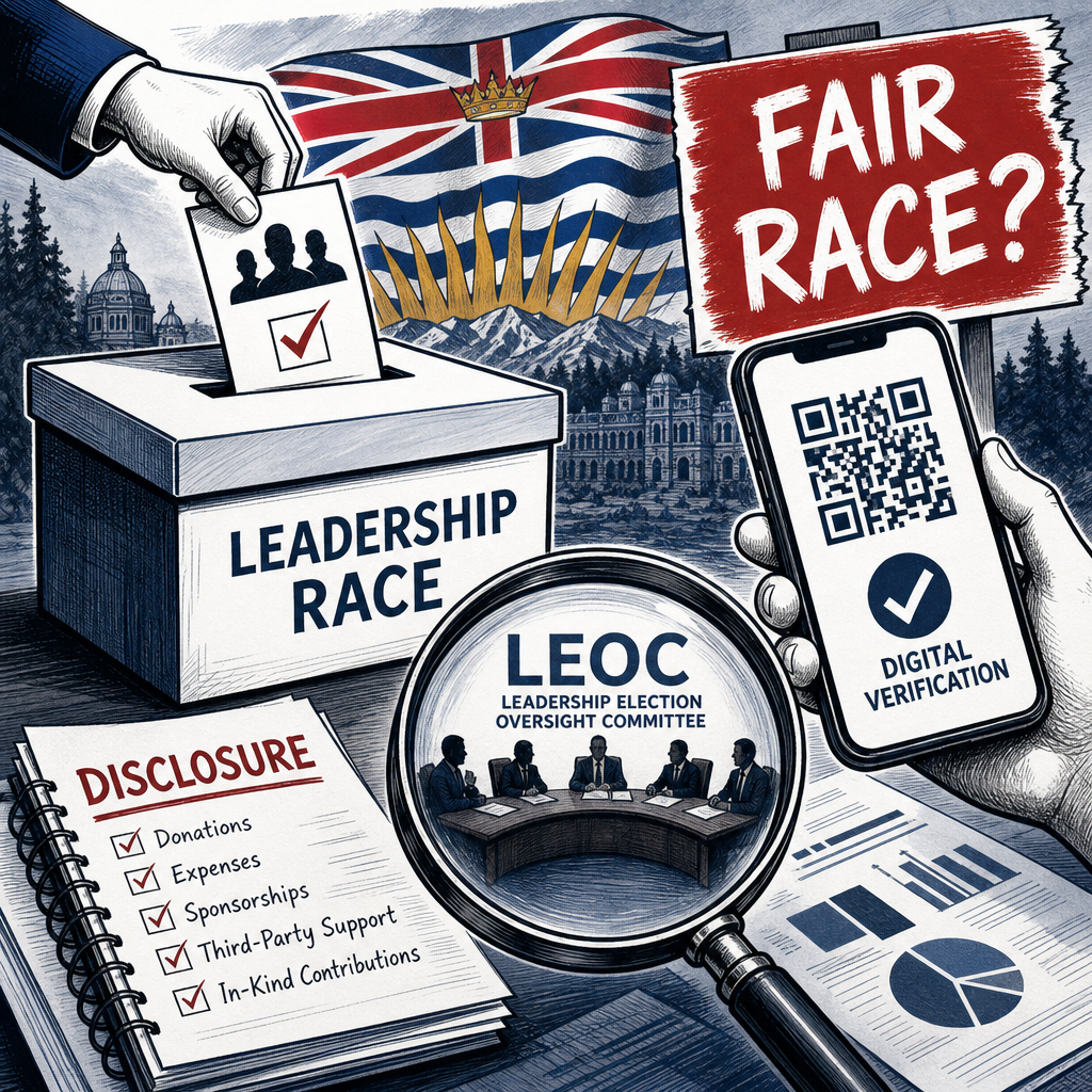 Editorial cartoon about LEOC, digital verification, disclosure and fair race questions