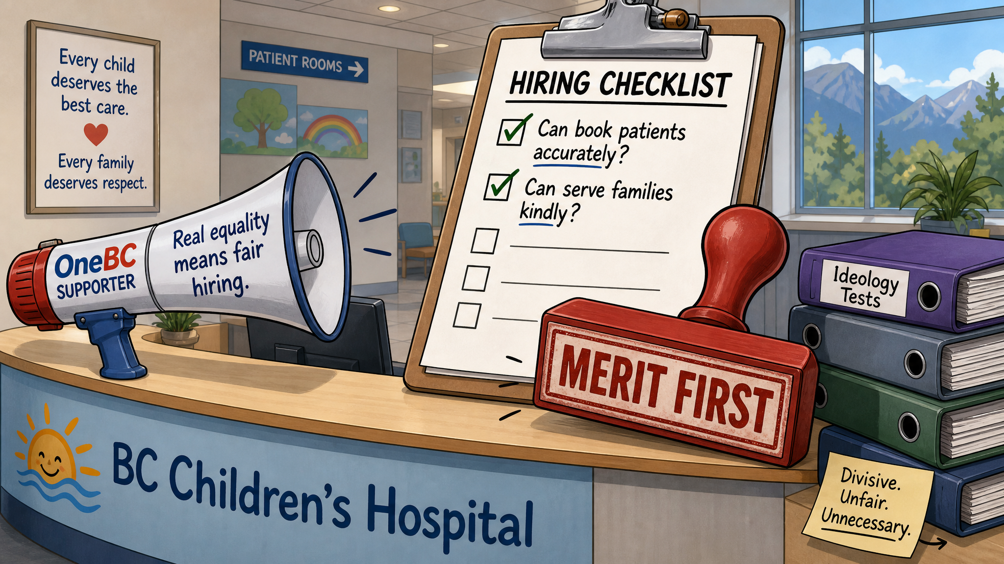 Editorial cartoon about merit-first healthcare hiring and ideology tests