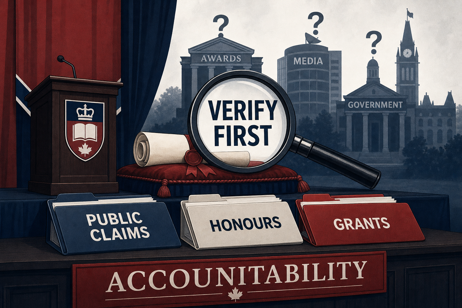 Editorial cartoon about public claims, honours, grants and verification